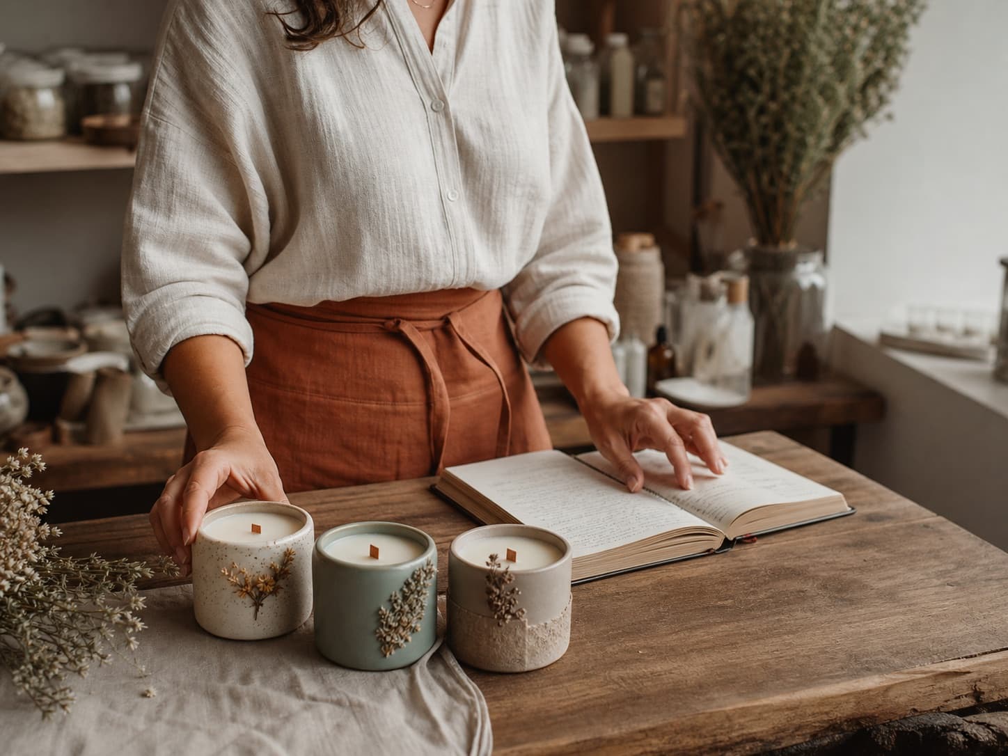 Artesã organizando velas e anotações de produção em seu ateliê